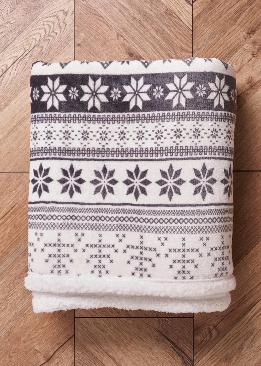 BHS Grey Fair Isle Throw with Faux-Shearling Back - One Size Image 4