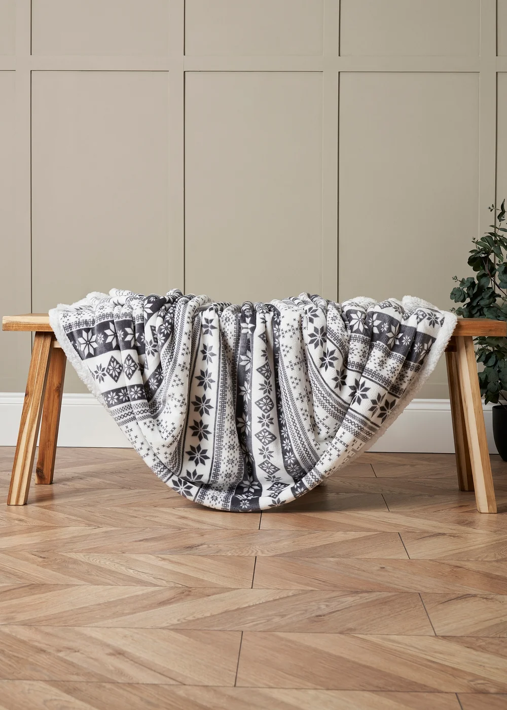BHS Grey Fair Isle Throw with Faux-Shearling Back - One Size Image 1
