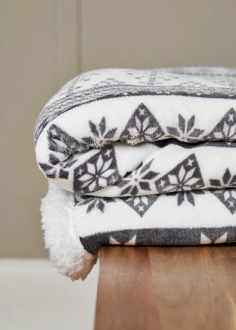 BHS Grey Fair Isle Throw with Faux-Shearling Back - One Size Image 2