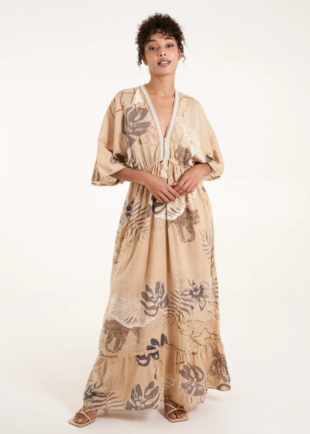 Blue Vanilla Beige V Neck Tassel Front Maxi Dress - XL Image 1