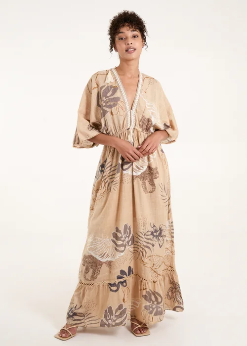 Blue Vanilla Beige V Neck Tassel Front Maxi Dress - XL Image 1