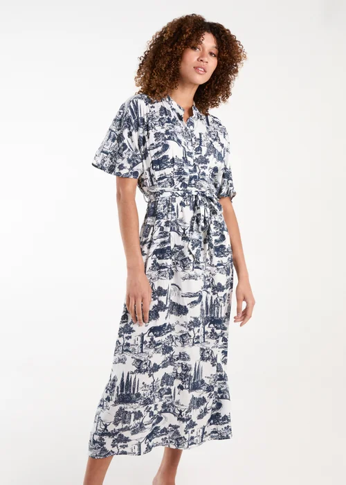 Blue Vanilla Navy Porcelain Printed Belted Shirt Dress - S Image 1