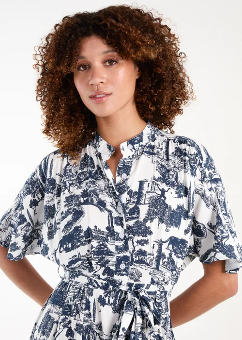 Blue Vanilla Navy Porcelain Printed Belted Shirt Dress - S Image 3