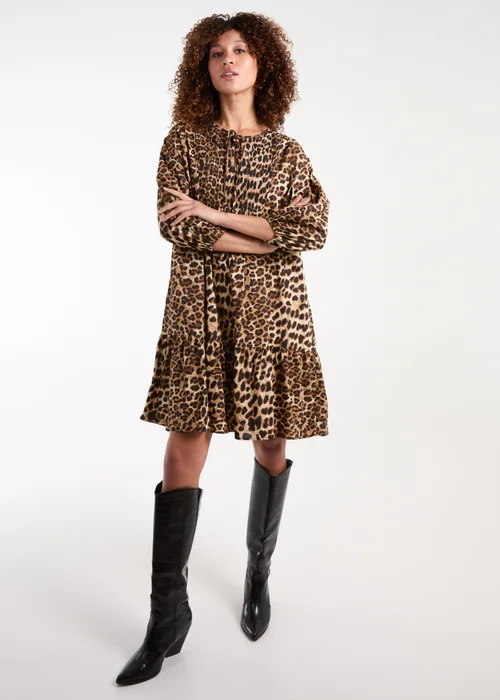Blue Vanilla Brown Shirred Front Tie Neck Smock Dress - M Image 4