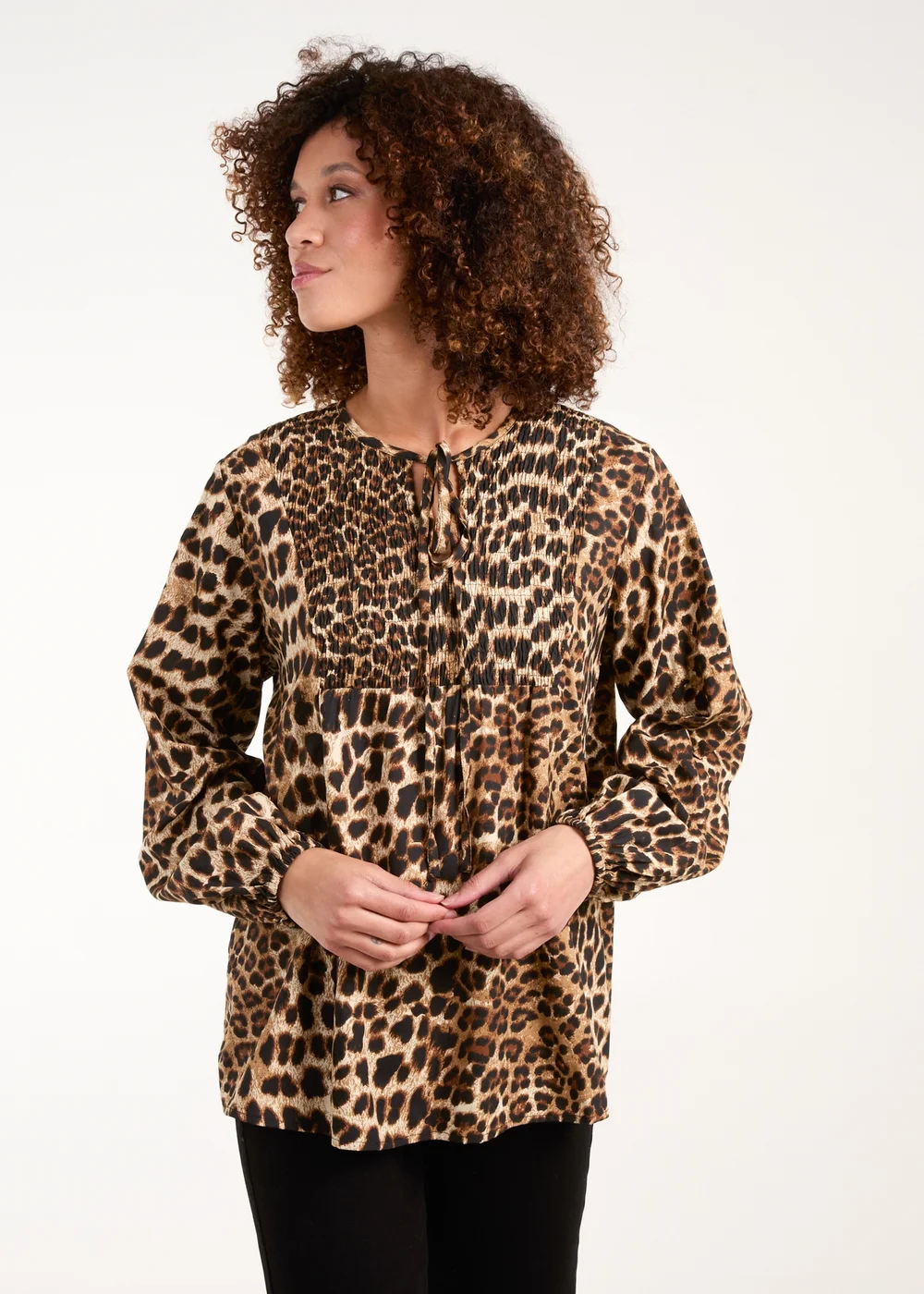 Blue Vanilla Brown Shirred Front Tie Neck Blouse - M Image 1