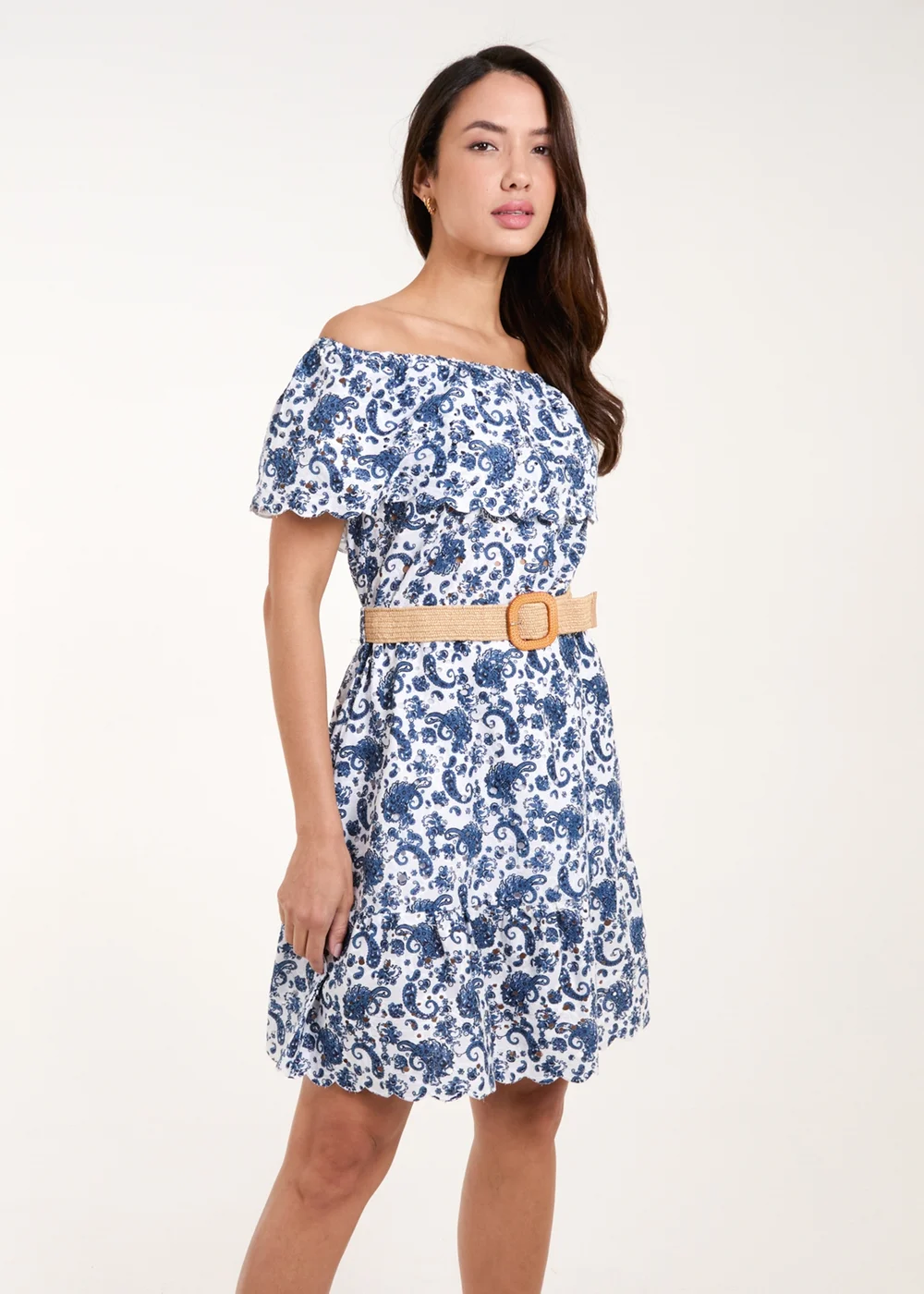 Blue Vanilla Navy Bardot Broderie Mini Belted Dress - M Image 4