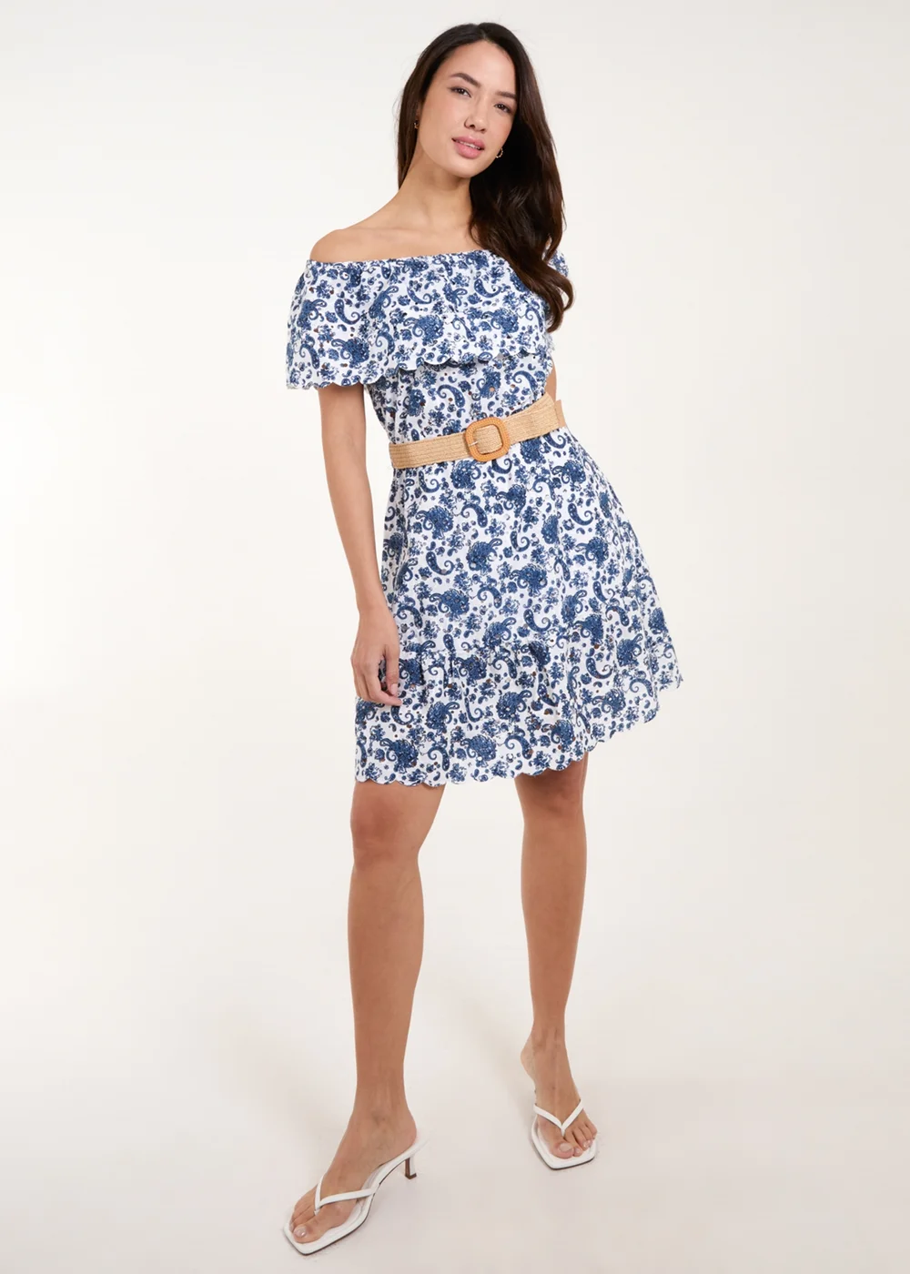 Blue Vanilla Navy Bardot Broderie Mini Belted Dress - S | Matalan Blue Vanilla Navy Bardot Broderie Mini Belted Dress - S | Matalan