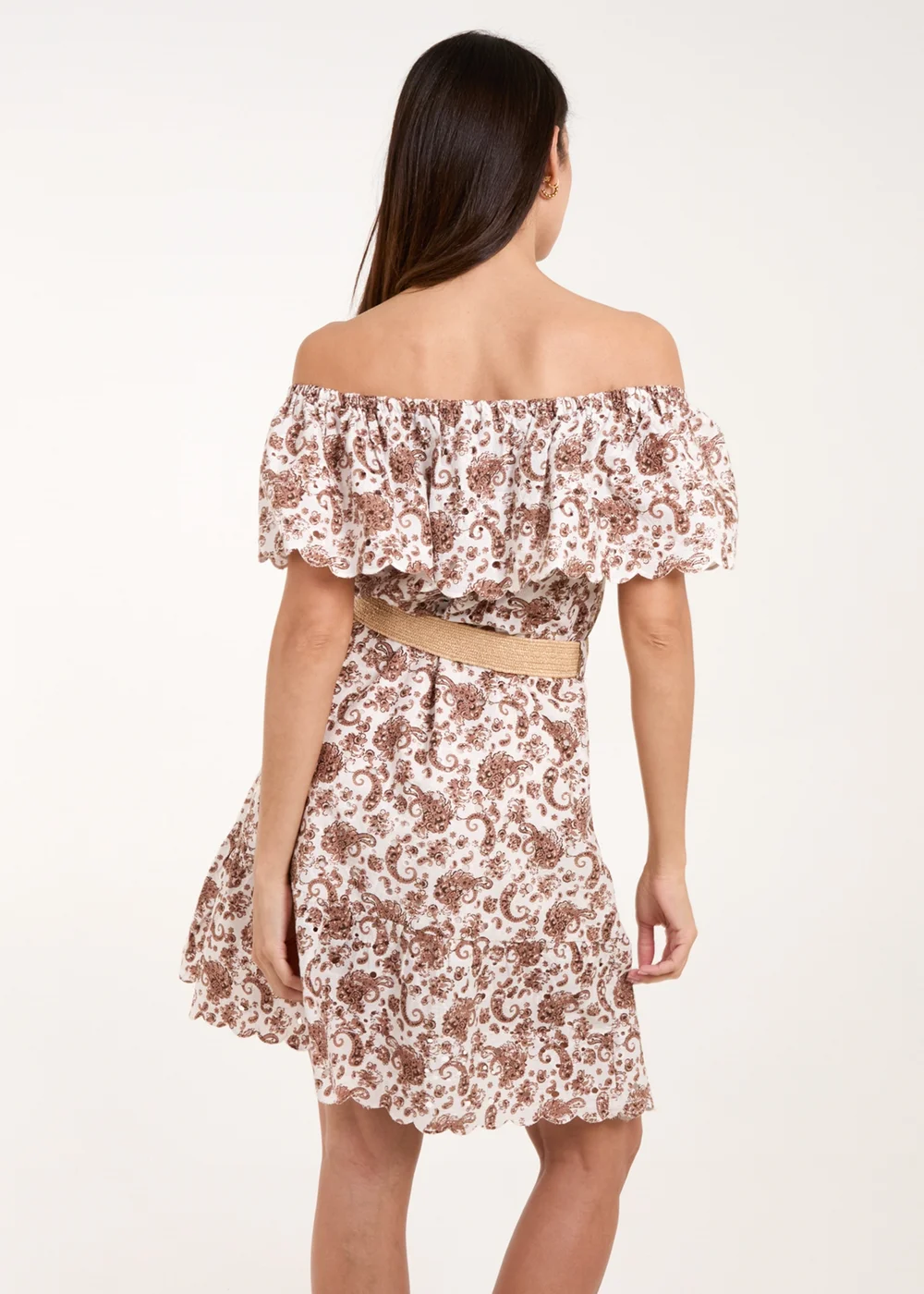 Blue Vanilla Brown Bardot Broderie Mini Belted Dress - S Image 2
