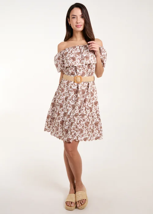 Blue Vanilla Brown Bardot Broderie Mini Belted Dress - S Image 4