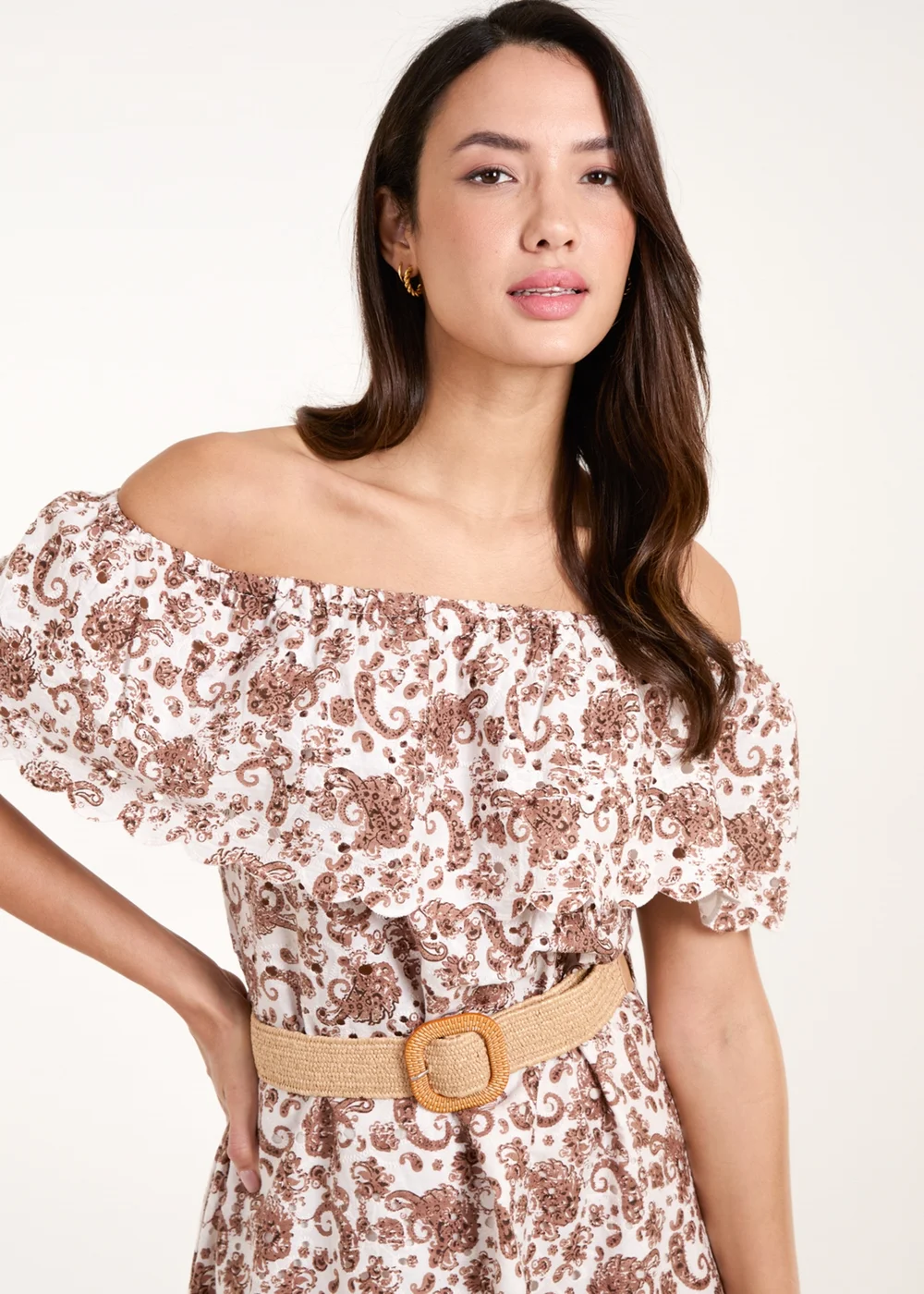 Blue Vanilla Brown Bardot Broderie Mini Belted Dress - S Image 3