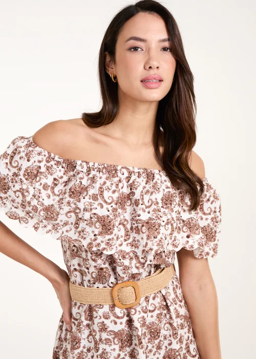Blue Vanilla Brown Bardot Broderie Mini Belted Dress - S Image 3