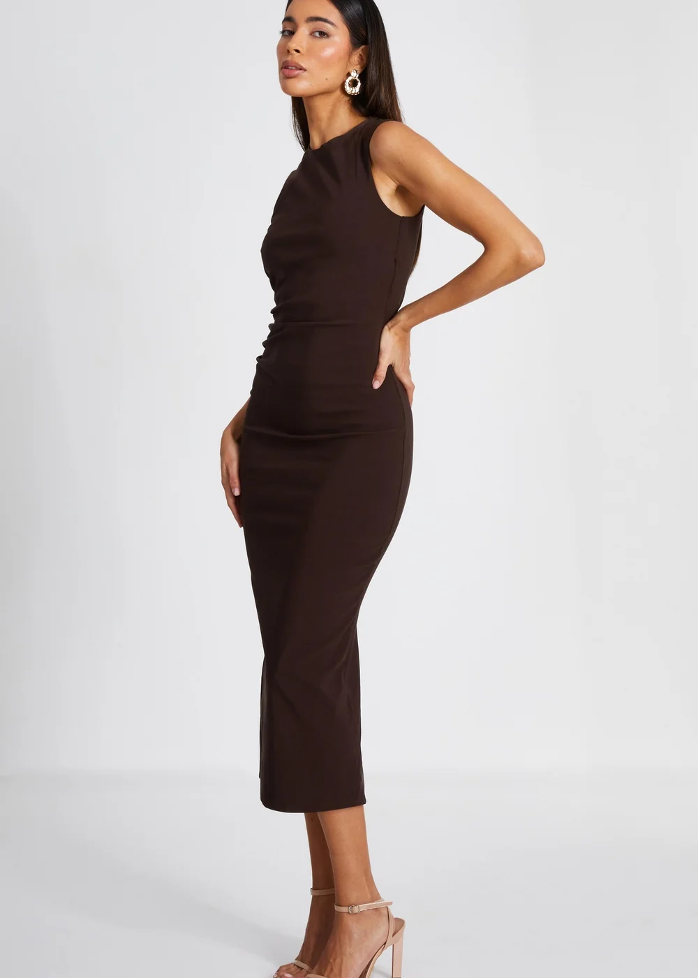 Quiz Brown Ruched Midi Dress - 6 Image 3