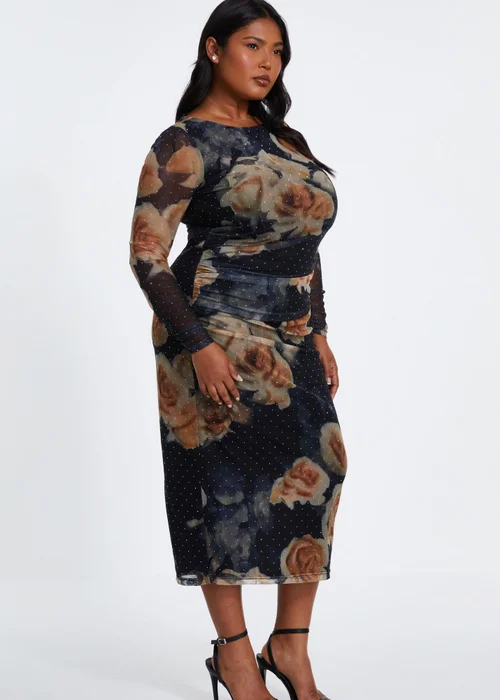 Quiz Black Curve Floral Mesh Midaxi Dress - 16 Image 3