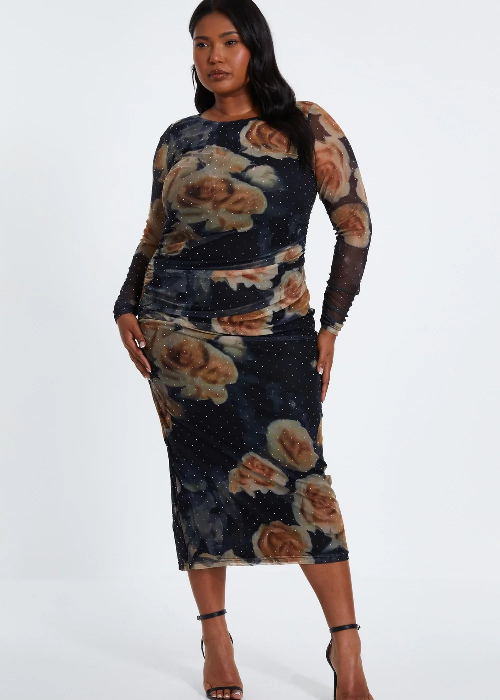 Quiz Black Curve Floral Mesh Midaxi Dress - 16 Image 1