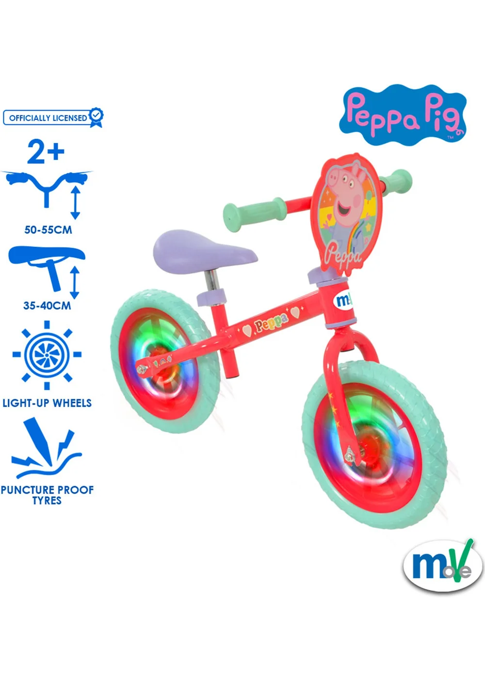 Peppa Pig Balance Bike With Light Up Wheels (12") - One Size Image 2