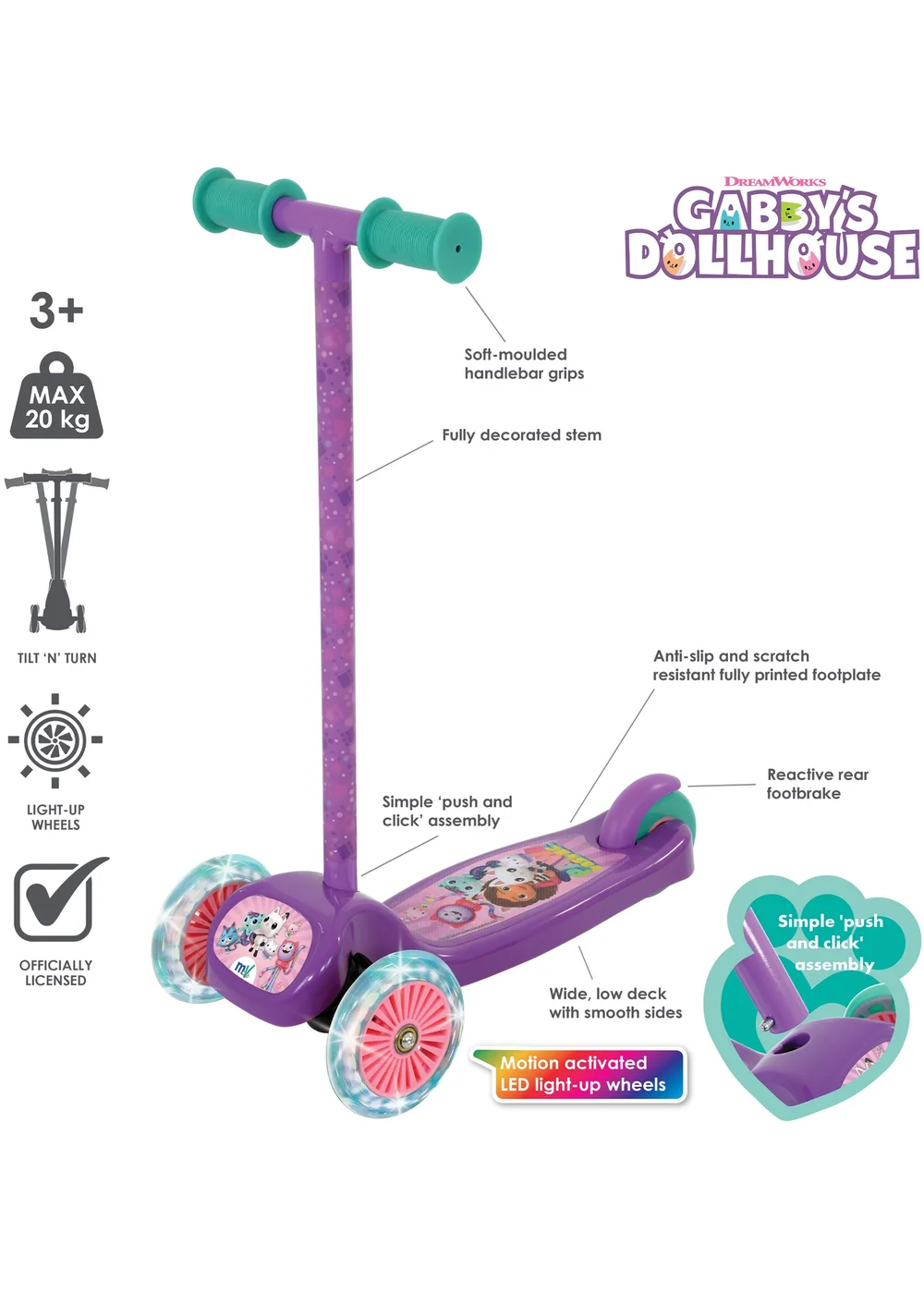 Gabby's Dollhouse Tilt N Turn Scooter With LED Lights - One Size Image 2