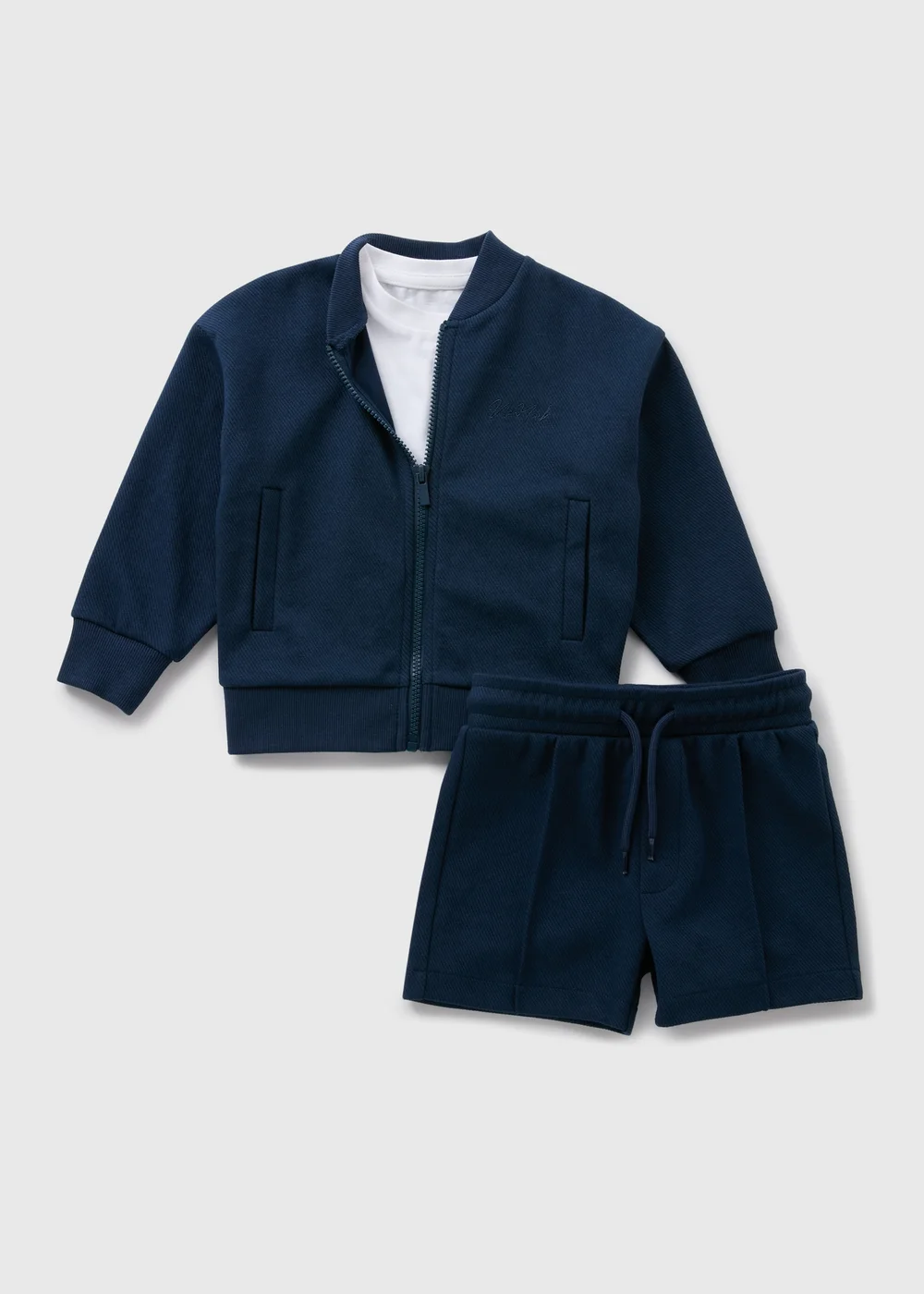 Boys Navy Blue Bomber Jacket, T-Shirt & Shorts Set (1-7yrs) - 1-1.5 Yrs Image 1