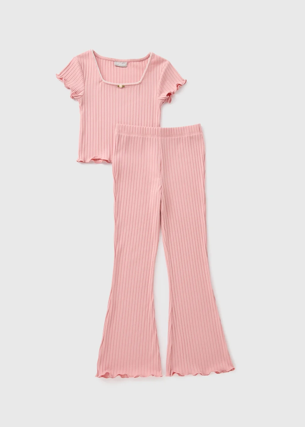 Girls Pink Ribbed Top & Flare Leggings (7-15yrs) - 7 Yrs Image 1