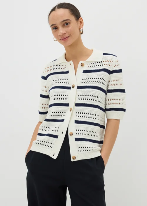 Ivory Crochet Stripe Collared Cardigan - XS Image 1
