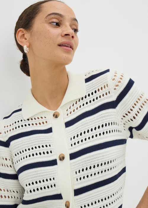 Ivory Crochet Stripe Collared Cardigan - XS Image 3