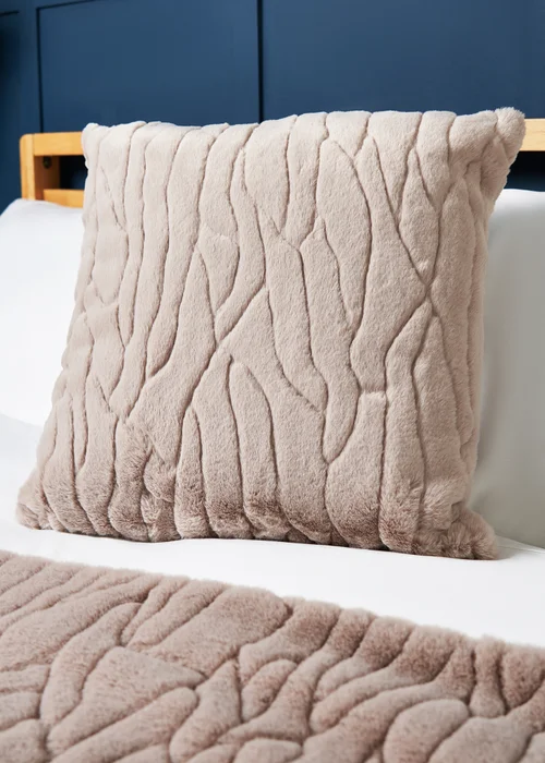 BHS Luxury Embossed Tan Rabbit Faux Fur Cushion (45x45cm) - 45cm x 45cm Image 1