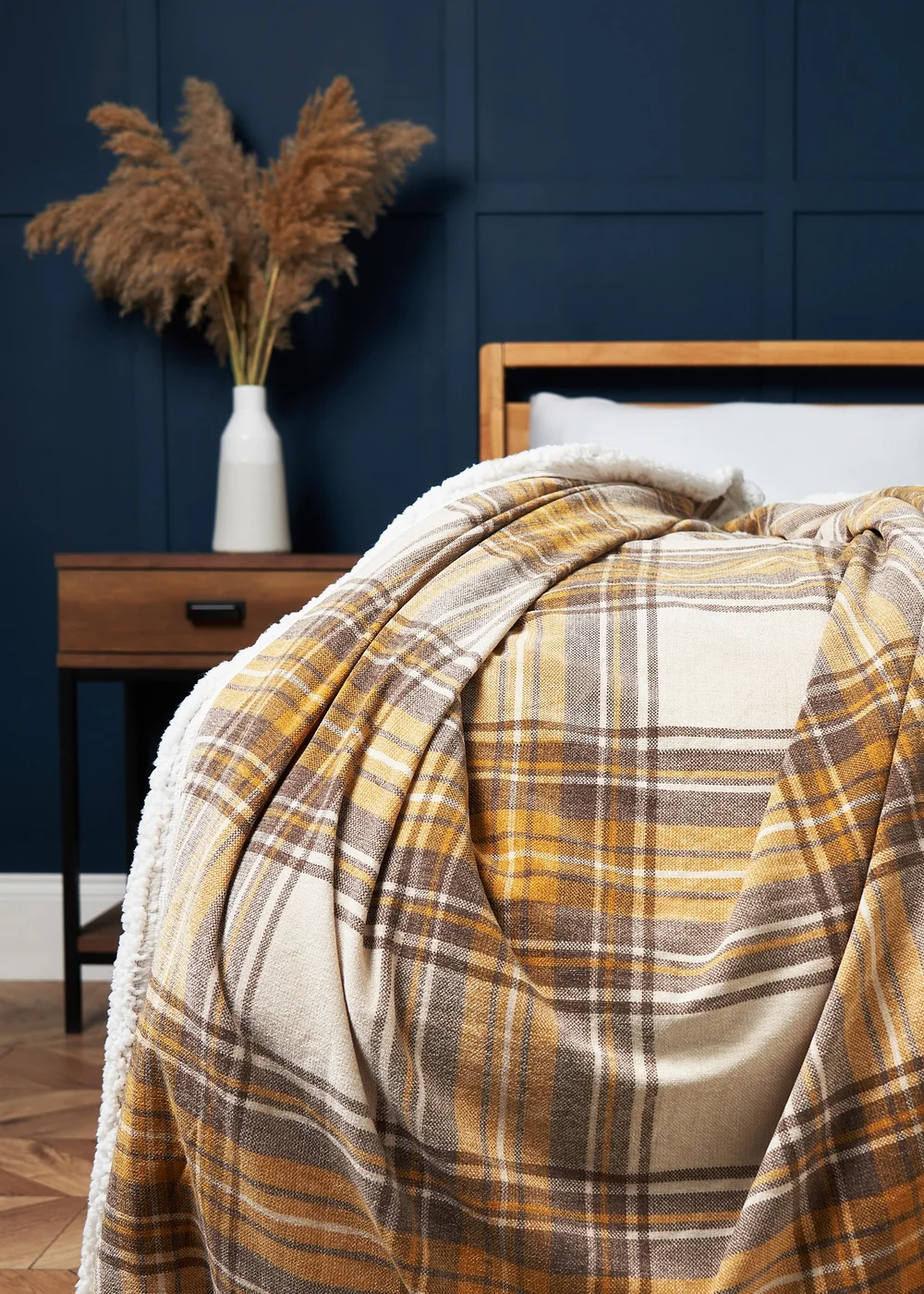 BHS Luxury Warm Ochre Check Throw with Faux-Shearling (130x150cm) - 130cm x 150cm Image 1