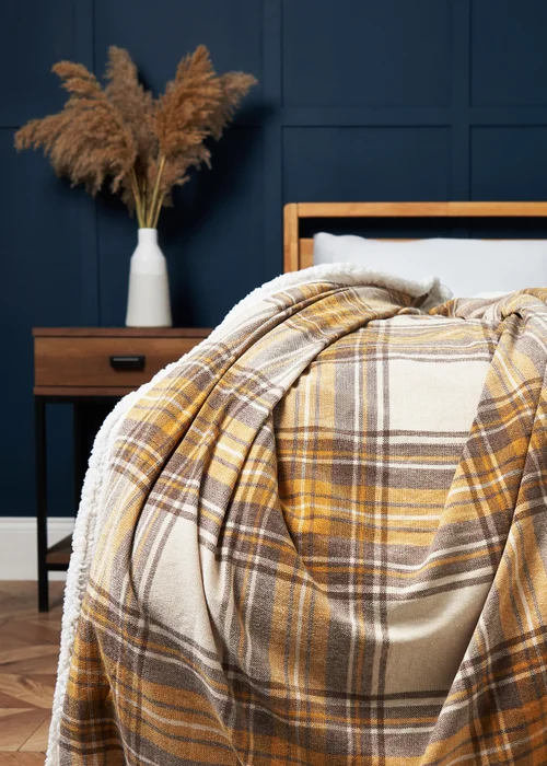 BHS Luxury Warm Ochre Check Throw with Faux-Shearling (130x150cm) - 130cm x 150cm Image 1