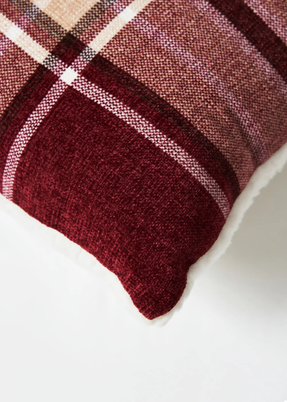 BHS Luxury Warm Red Check Cushion With Faux-Shearling (40x40cm) - 40cm x 40cm Image 2