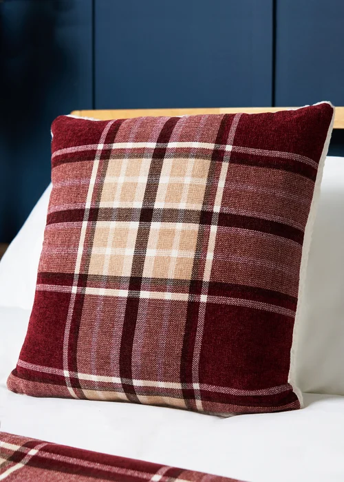 BHS Luxury Warm Red Check Cushion With Faux-Shearling (40x40cm) - 40cm x 40cm Image 1