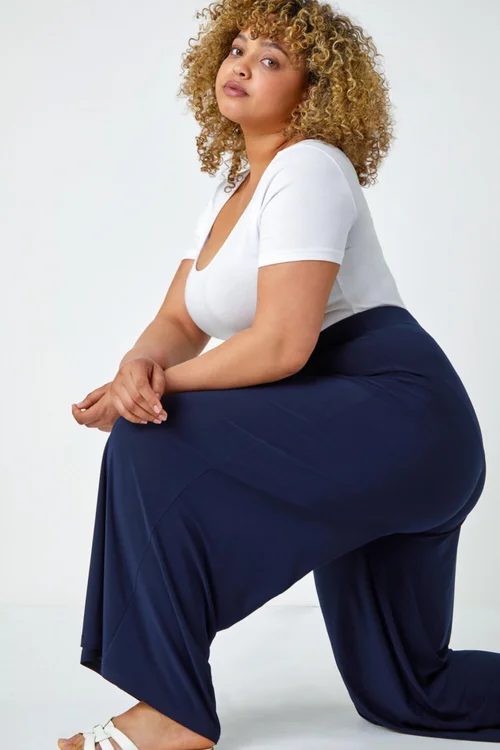 Roman Navy Curve Elastic Waist Wide Leg Trousers - 16 Image 2