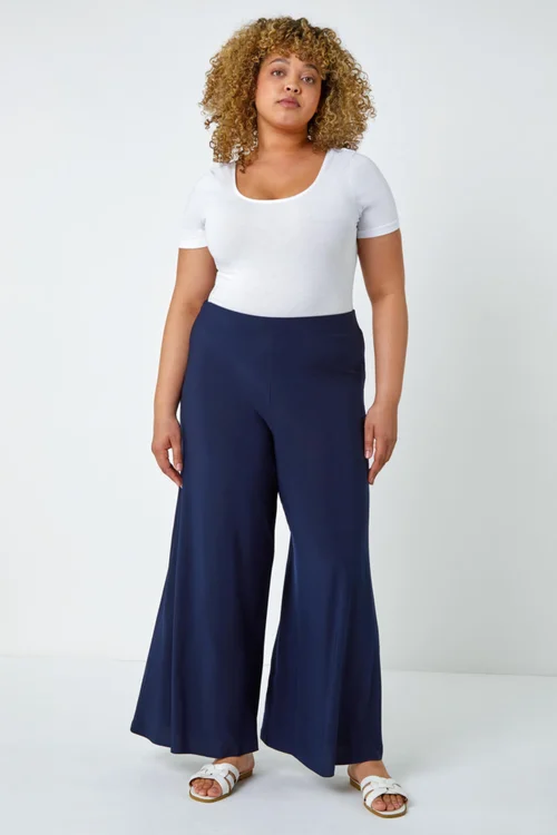Roman Navy Curve Elastic Waist Wide Leg Trousers - 16 Image 3