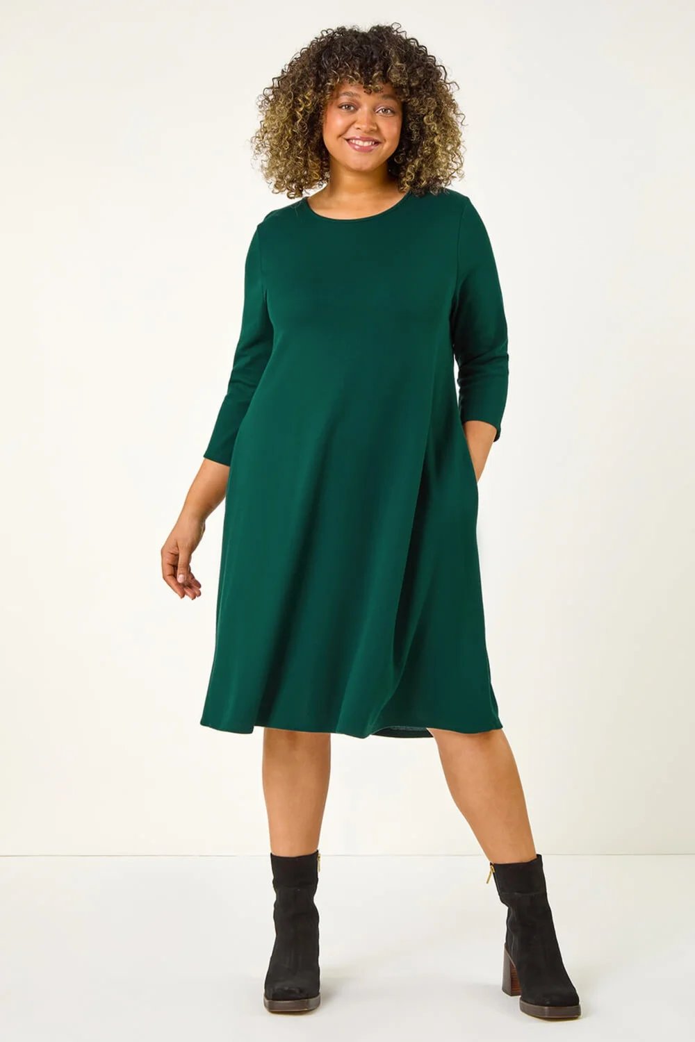 Roman Forest Green Curve Pocket Detail Swing Stretch Dress - 18 Image 4
