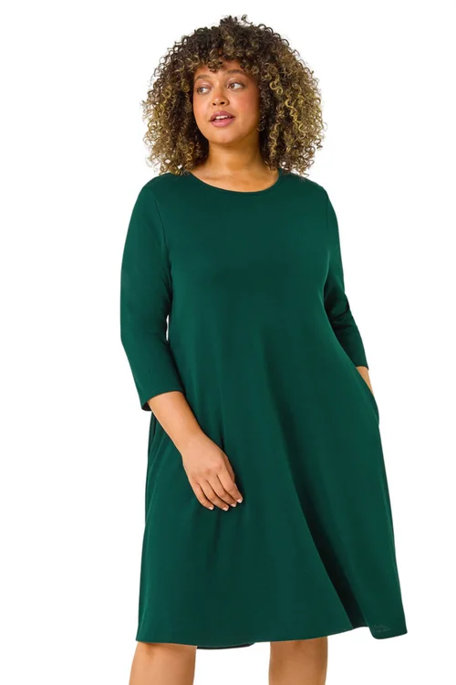 Roman Forest Green Curve Pocket Detail Swing Stretch Dress - 18 Image 1