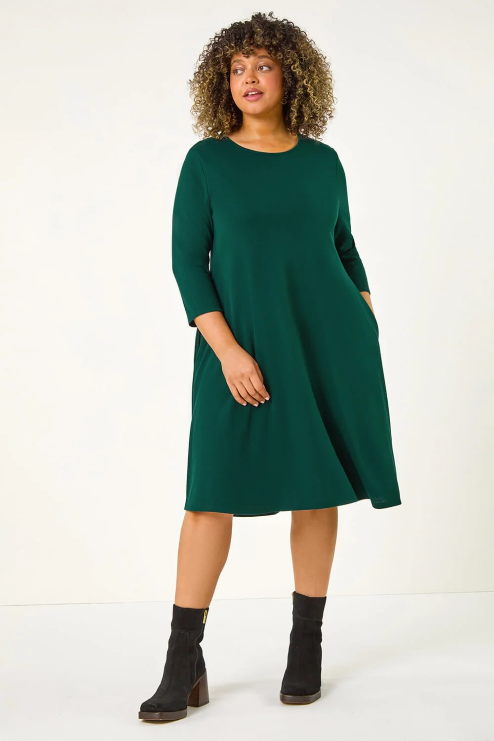 Roman Forest Green Curve Pocket Detail Swing Stretch Dress - 18 Image 3