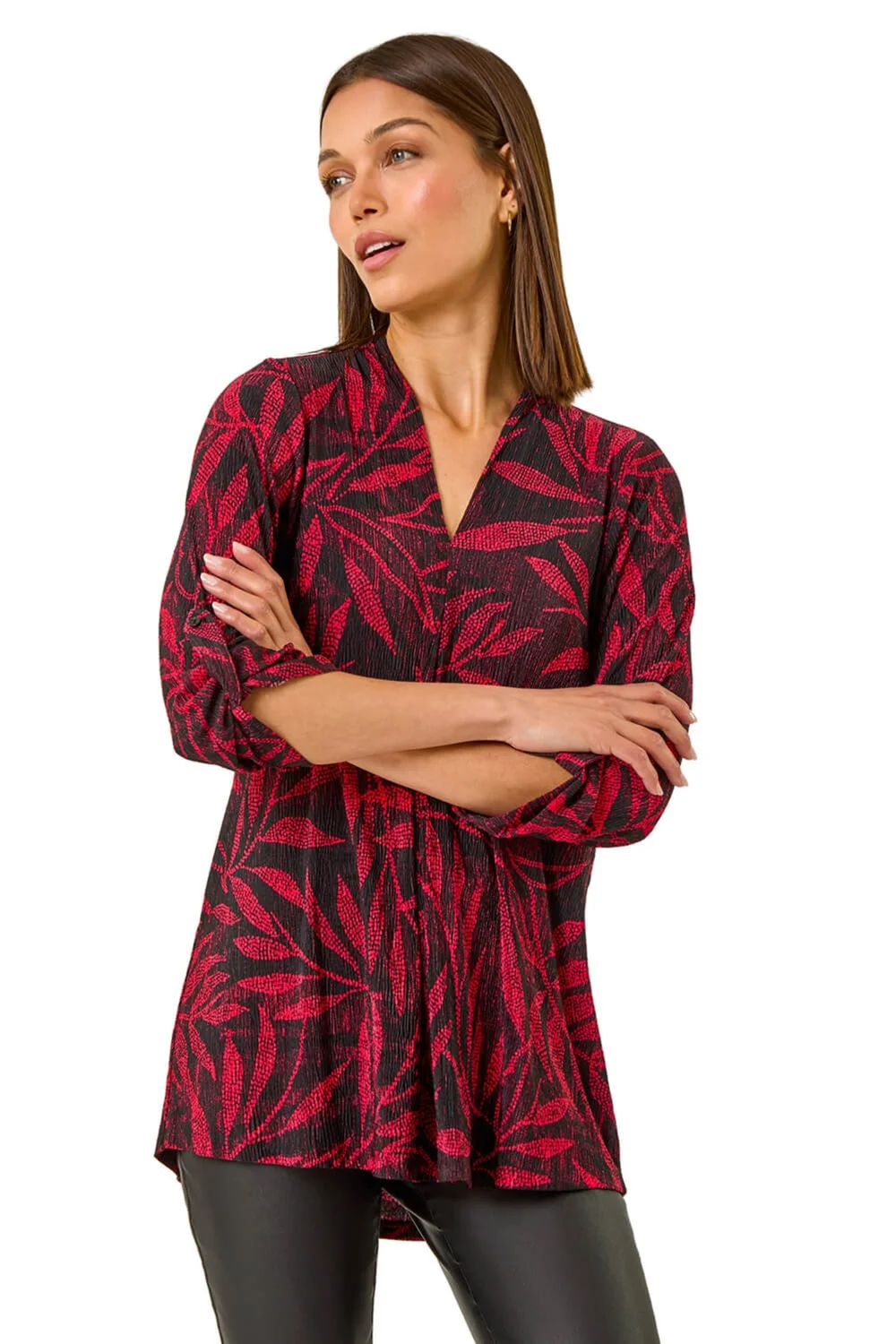 Roman Red Leaf Print Pleated Top - 10 Image 1