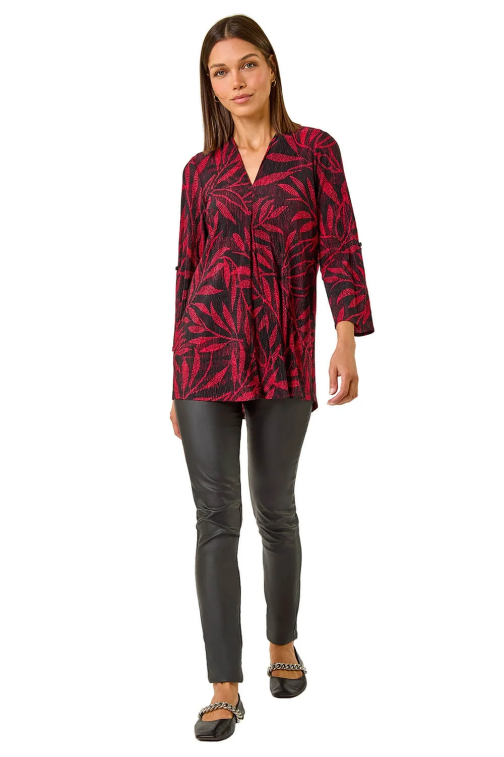 Roman Red Leaf Print Pleated Top - 10 Image 2