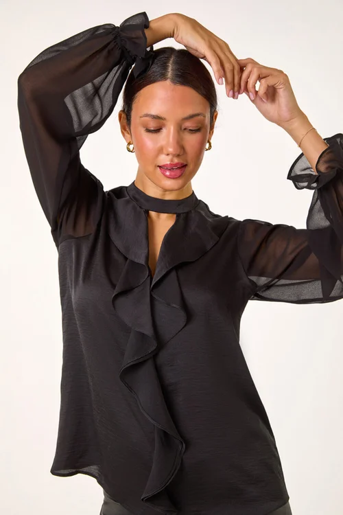 Roman Black Ruffle Front Keyhole Satin Top - Size 24 Image 2