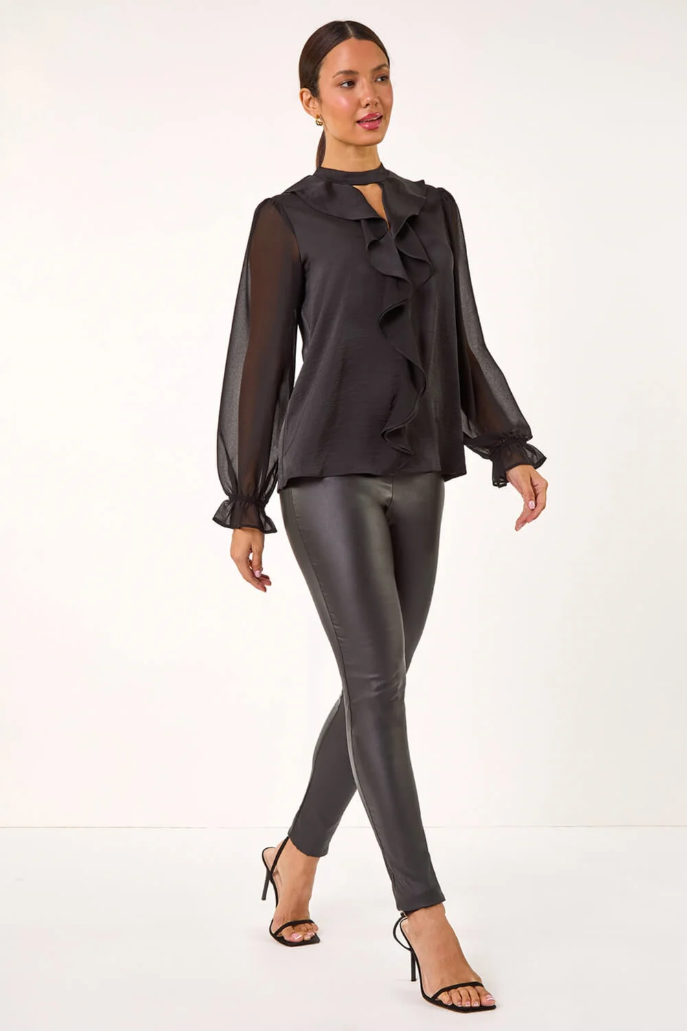 Roman Black Ruffle Front Keyhole Satin Top - Size 24 Image 3