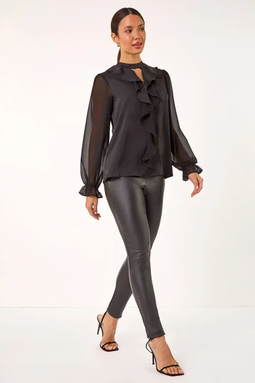 Roman Black Ruffle Front Keyhole Satin Top - Size 24 Image 3