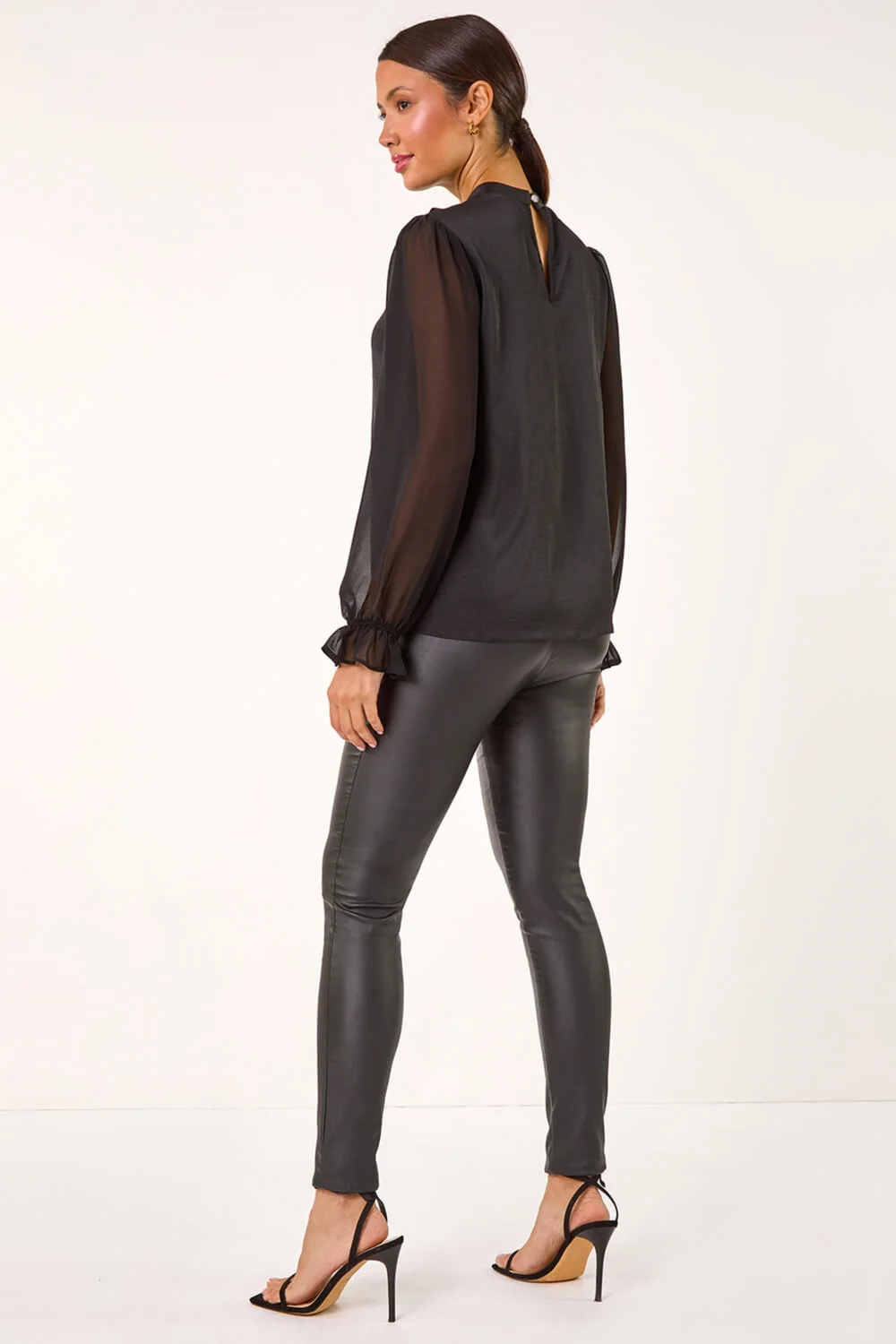 Roman Black Ruffle Front Keyhole Satin Top - Size 24 Image 4