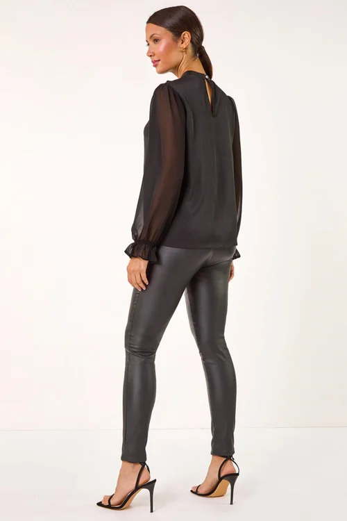 Roman Black Ruffle Front Keyhole Satin Top - Size 24 Image 4