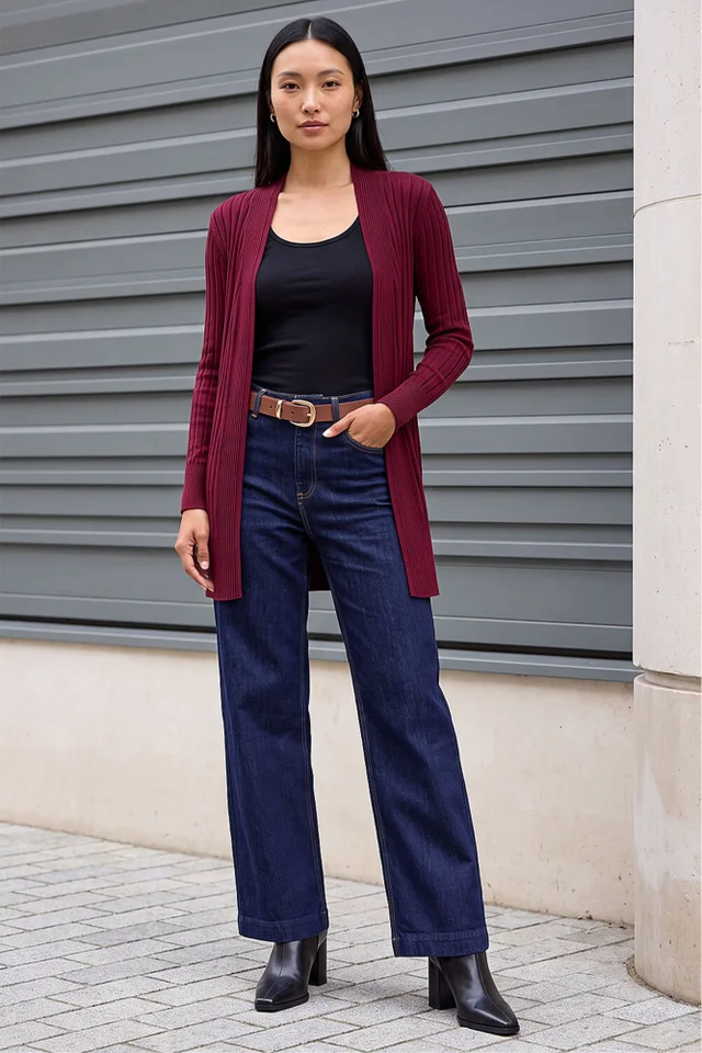 Roman Wine Longline Stretch Ribbed Cardigan