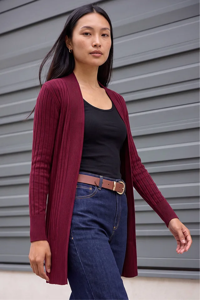 Roman Wine Longline Stretch Ribbed Cardigan