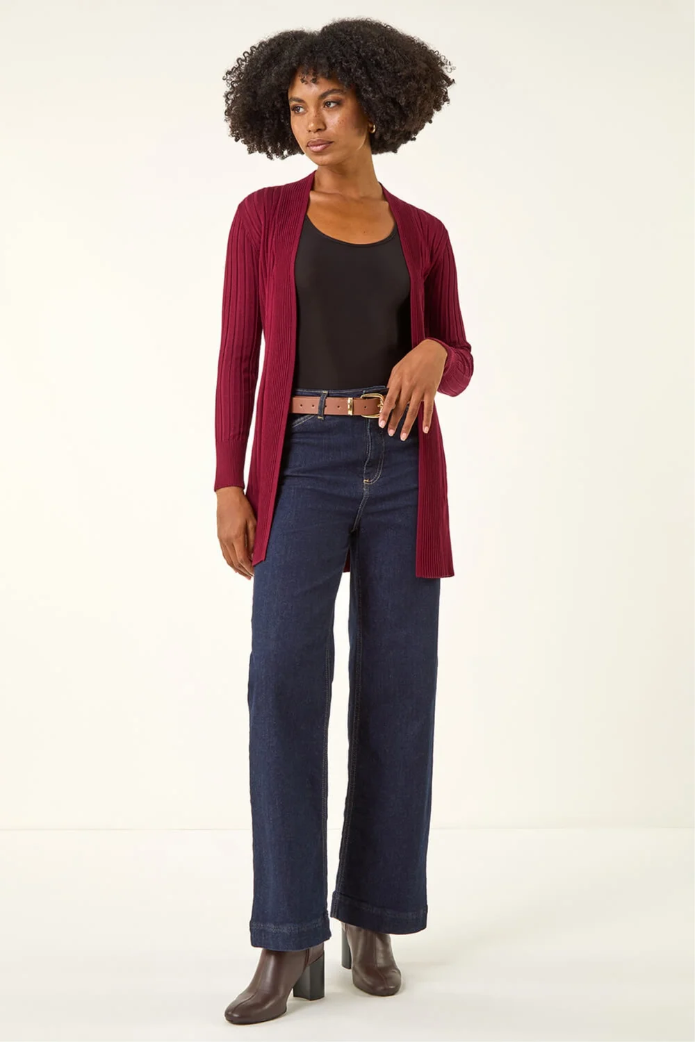 Roman Wine Longline Stretch Ribbed Cardigan - 12 Image 2
