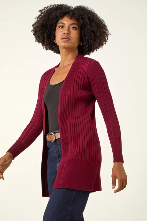 Roman Wine Longline Stretch Ribbed Cardigan - 12 Image 1