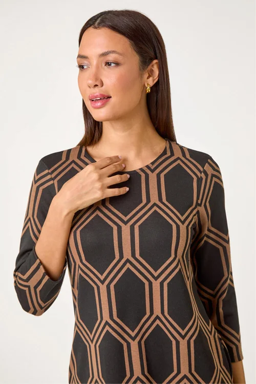 Roman Tan Geometric Jacquard Stretch Dress - 10 Image 4