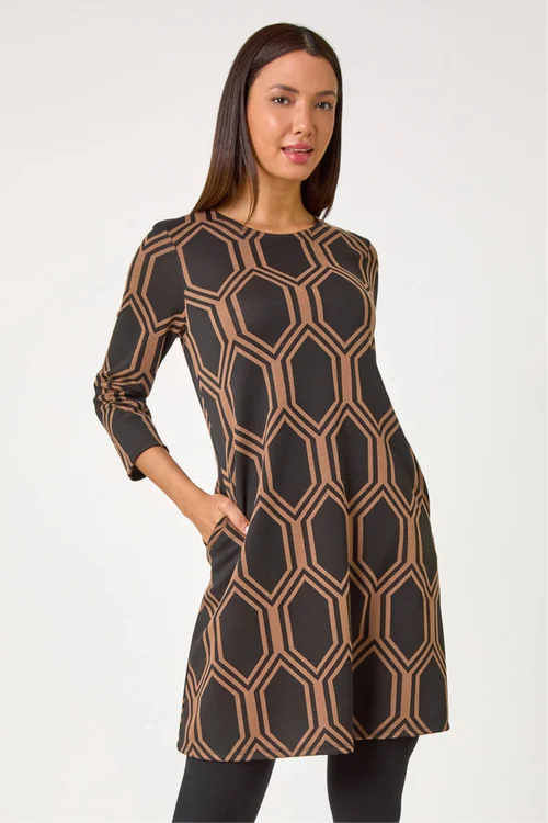 Roman Tan Geometric Jacquard Stretch Dress - 10 Image 2