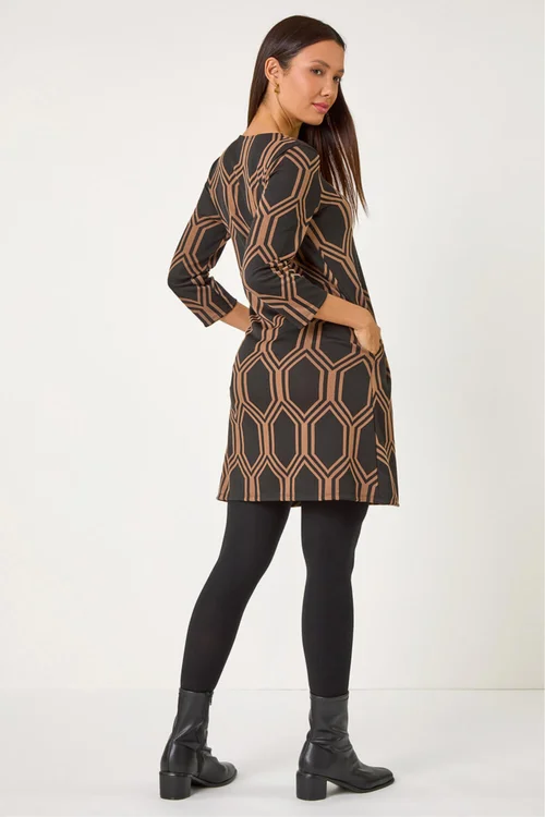 Roman Tan Geometric Jacquard Stretch Dress - 10 Image 3