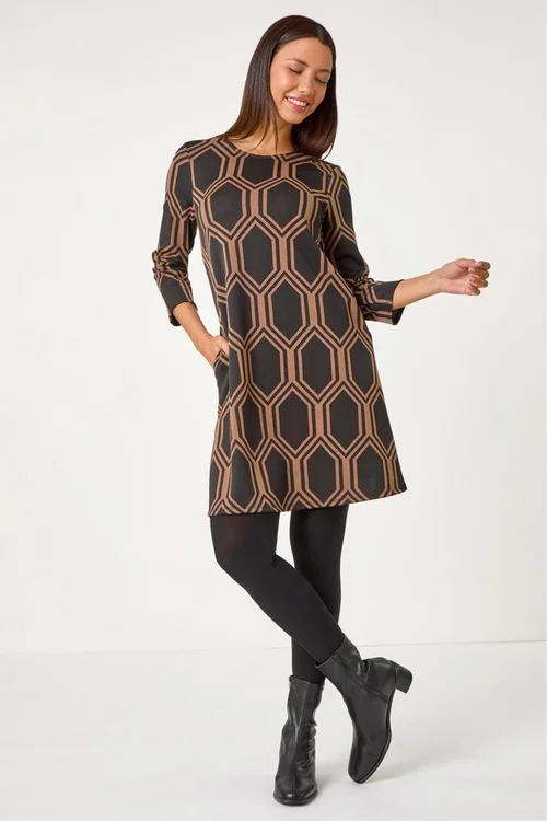 Roman Tan Geometric Jacquard Stretch Dress - 10 Image 1