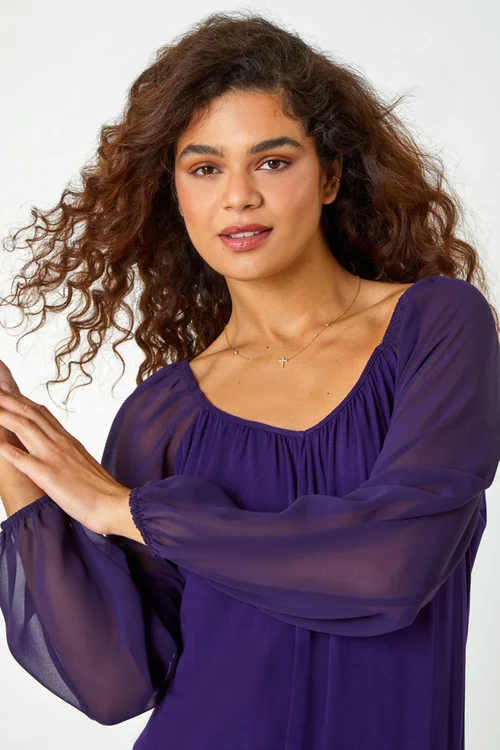 Roman Purple Chiffon Sleeve Bubble Hem Stretch Top - Size 16 Image 4